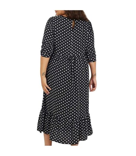 Womens/ladies Polka Dot 3/4 Sleeve Midi Dress Black White Brave Soul
