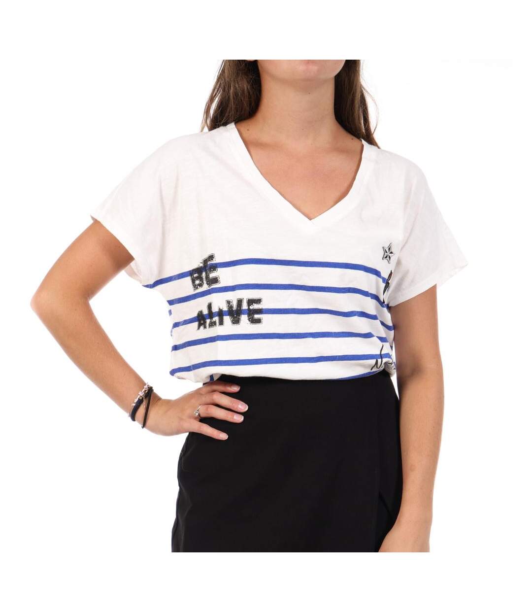 T-Shirt blanc/bleu femme tema stripes be alive-1