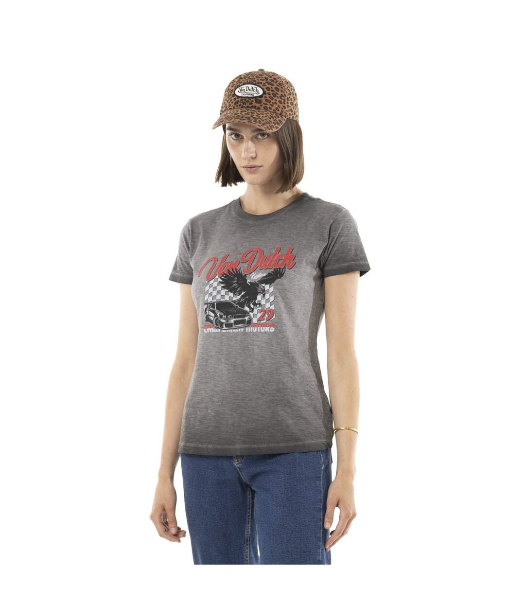 T-shirt femme uni flammé à col rond et print devant Fast Vondutch-1