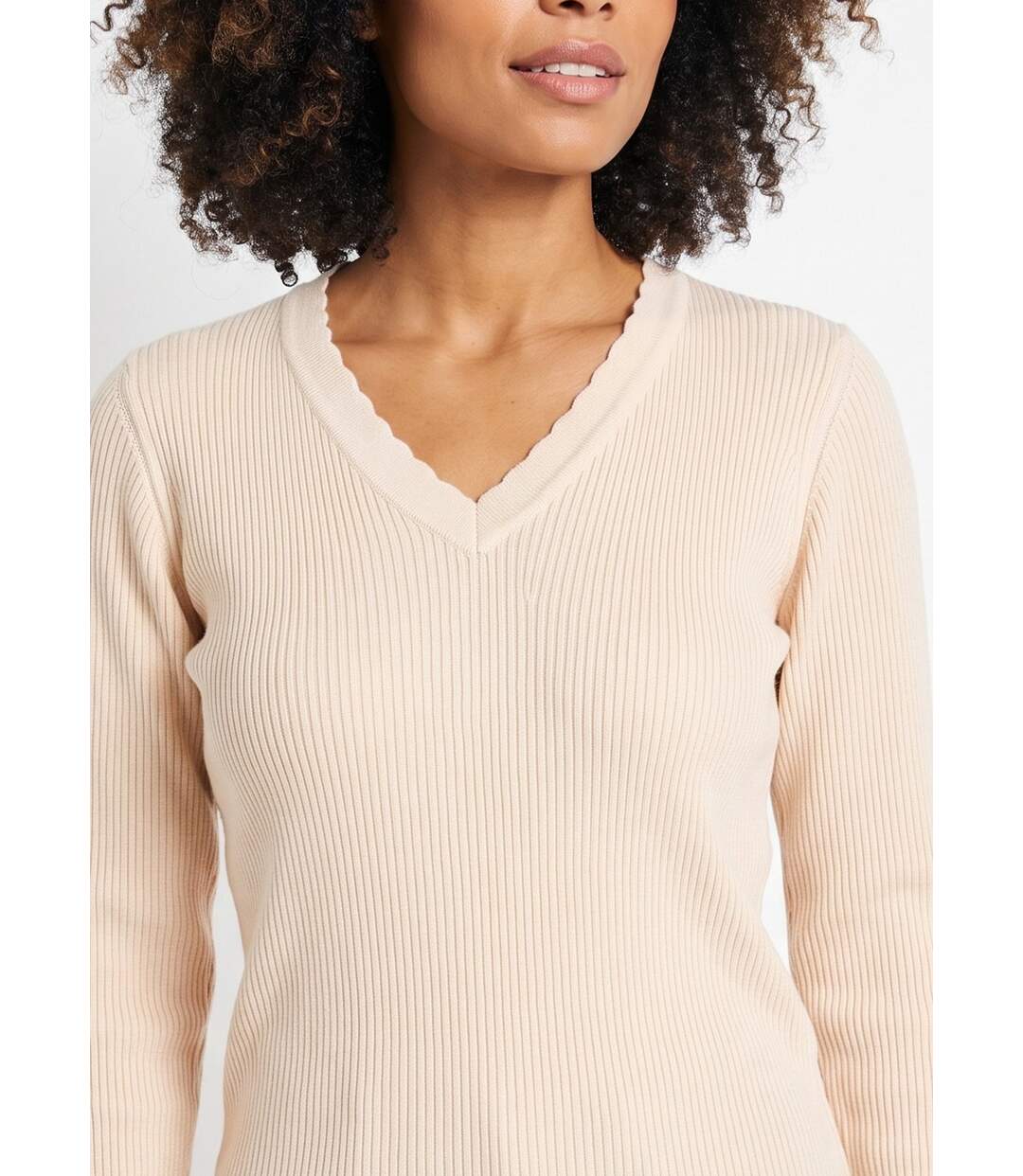 Pull fin uni maille côtelée col V-4
