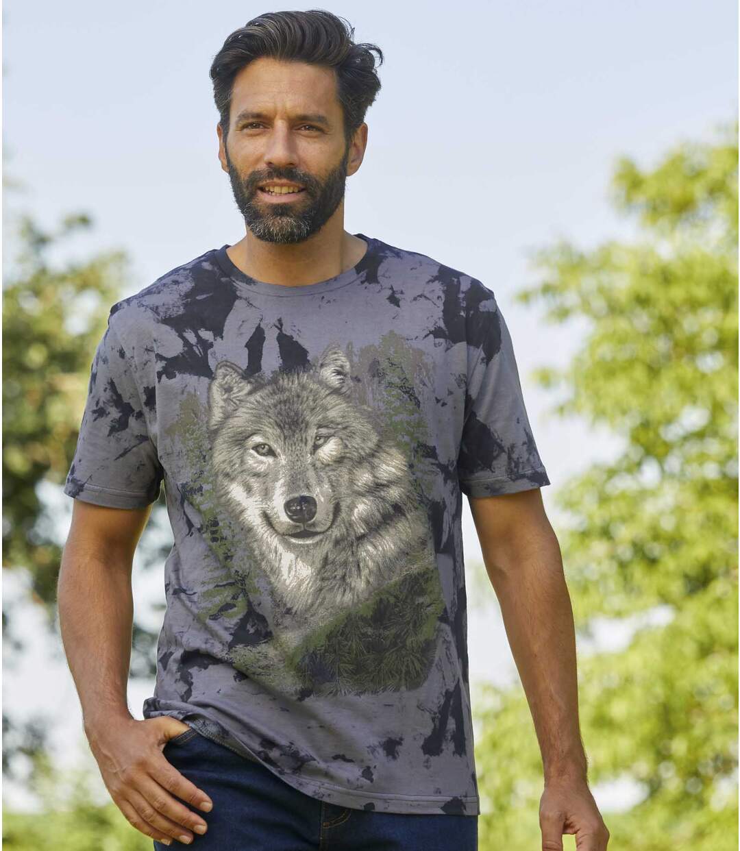 Nyomtatott farkas mintázatú Tie & Dye póló-1