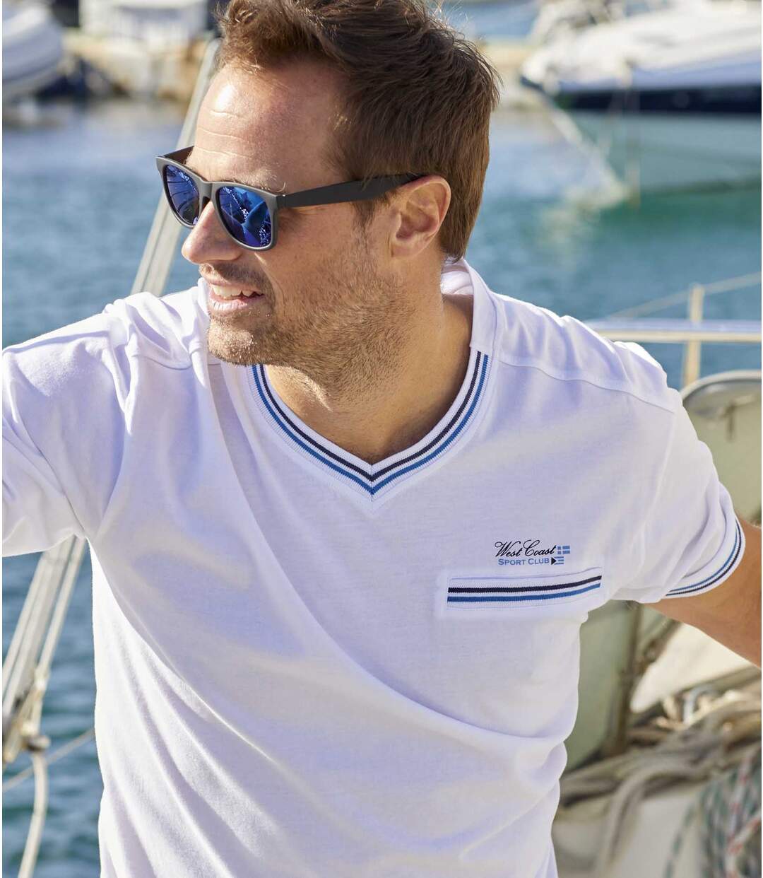 Pack of 2 Men's V-Neck Yachting T-Shirts - White Blue Atlas For Men