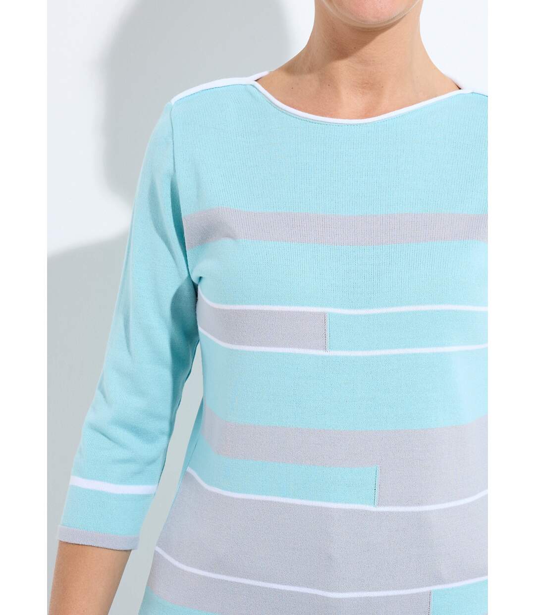 Pull manches 3/4 col bateau jacquard rayé devant-4