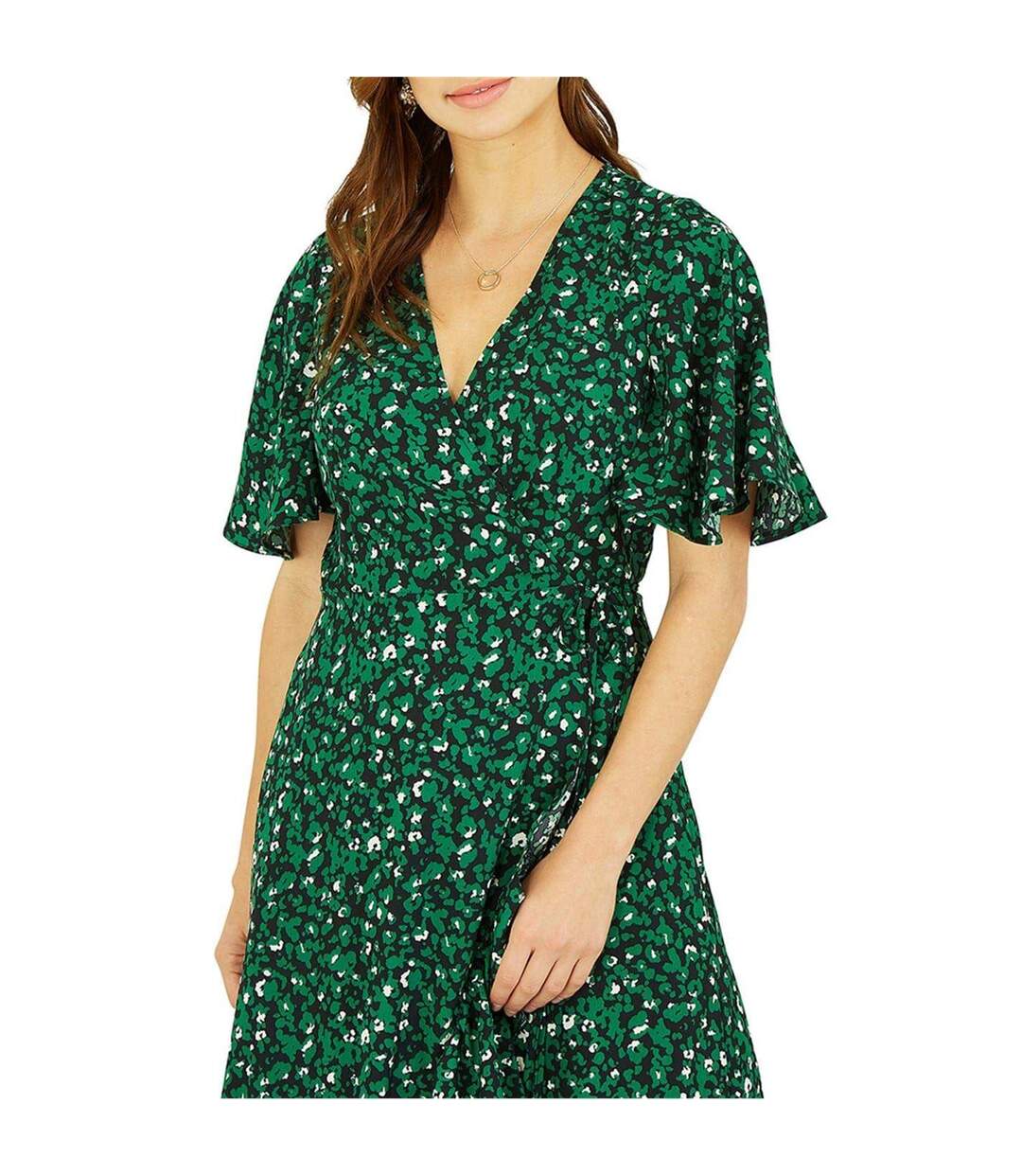 Robe Portefeuille Manches Volantées Motif/style Imprimé Léopard Femme Vert Mela London-4