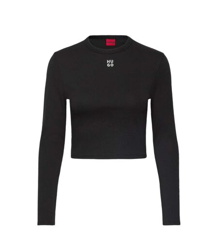 Womens/ladies Stacked Logo Slim Long-sleeved Crop Top Black Hugo