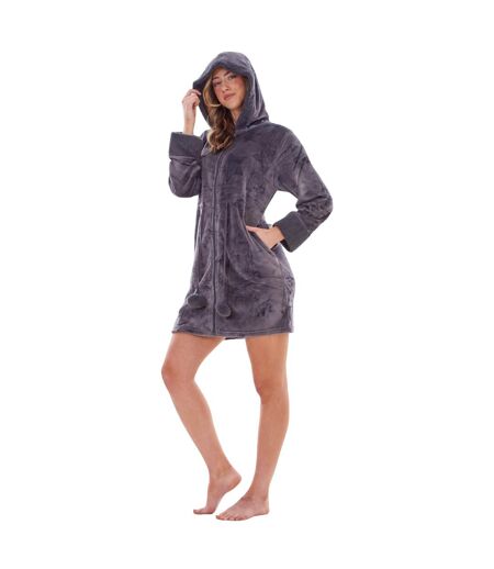Womens/ladies Stars Fleece Zipped Dressing Gown Charcoal Keanu