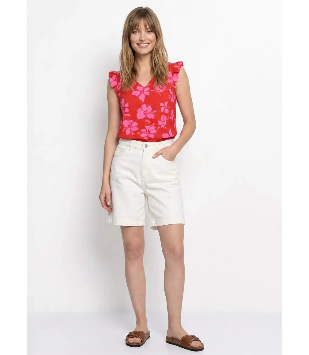 Blouse volantée col V, imprimé fleuri-3