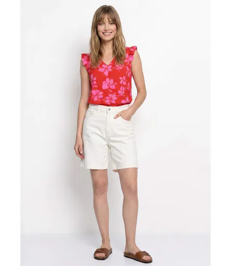 Blouse volantée col V, imprimé fleuri