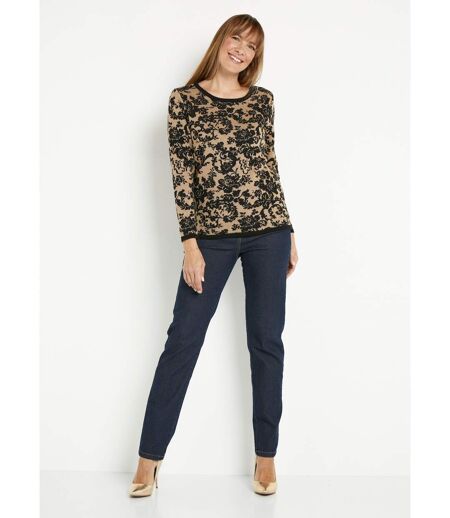 Pull chaud jacquard fleuri brillant col rond