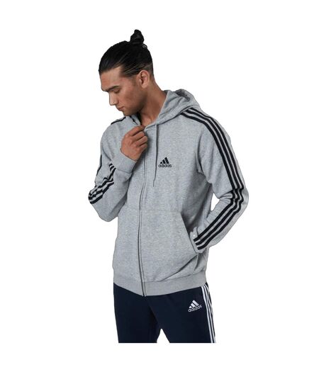Mens Essentials 3 Stripes Full Zip Hoodie Grey Adidas