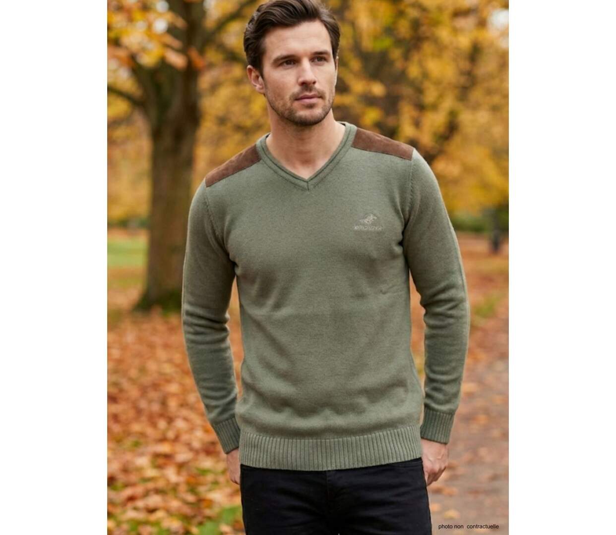 Pull Col V Homme Winchester Panel2 Vert Marine avec Renforts Suédine-1