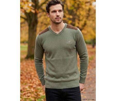 Pull Col V Homme Winchester Panel2 Vert Marine avec Renforts Suédine