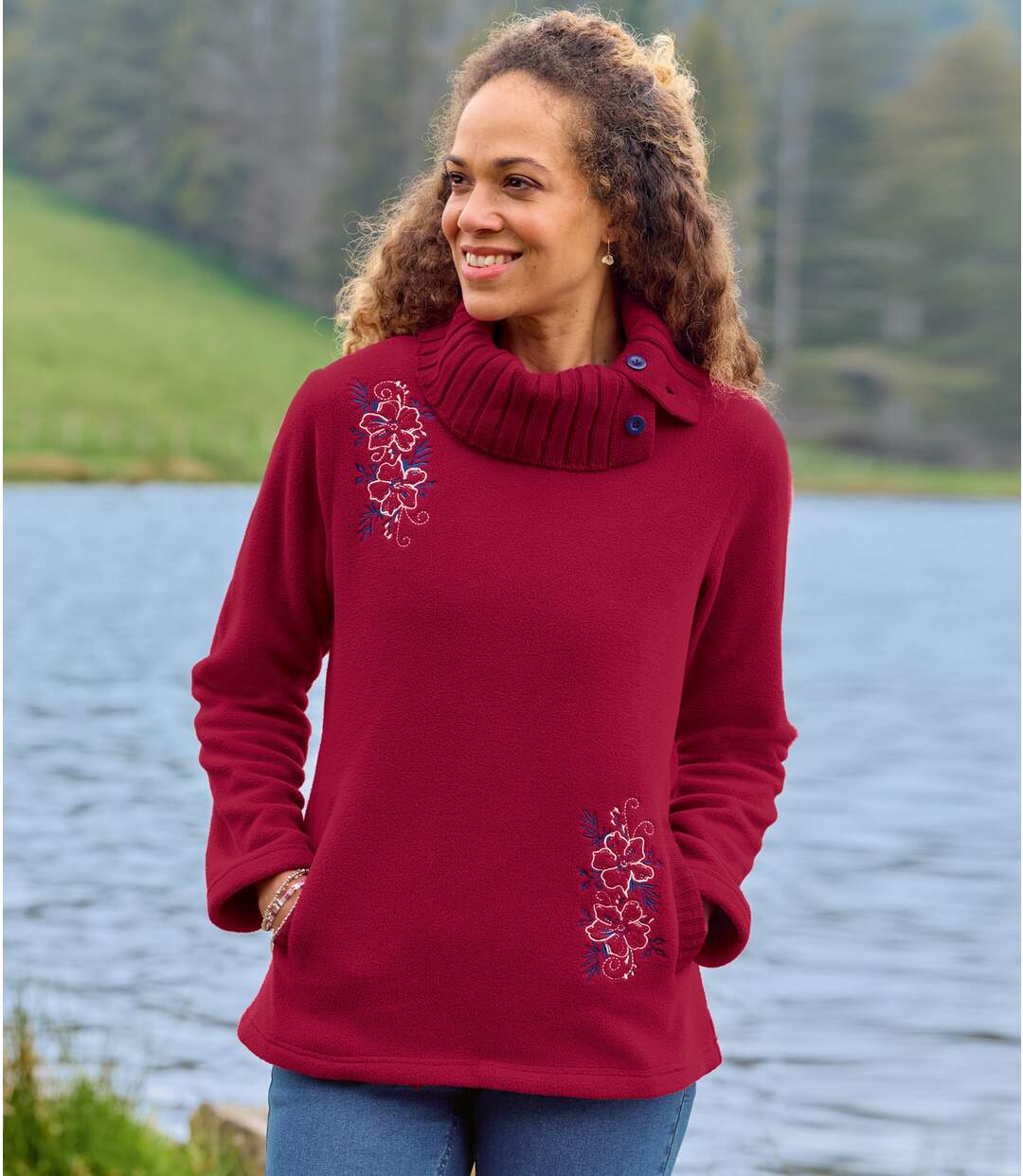 Women's Red Embroidered Fleece Jumper-2