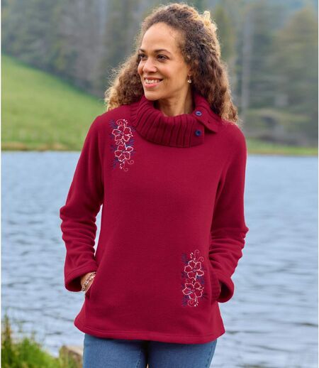 Women's Red Embroidered Fleece Jumper 