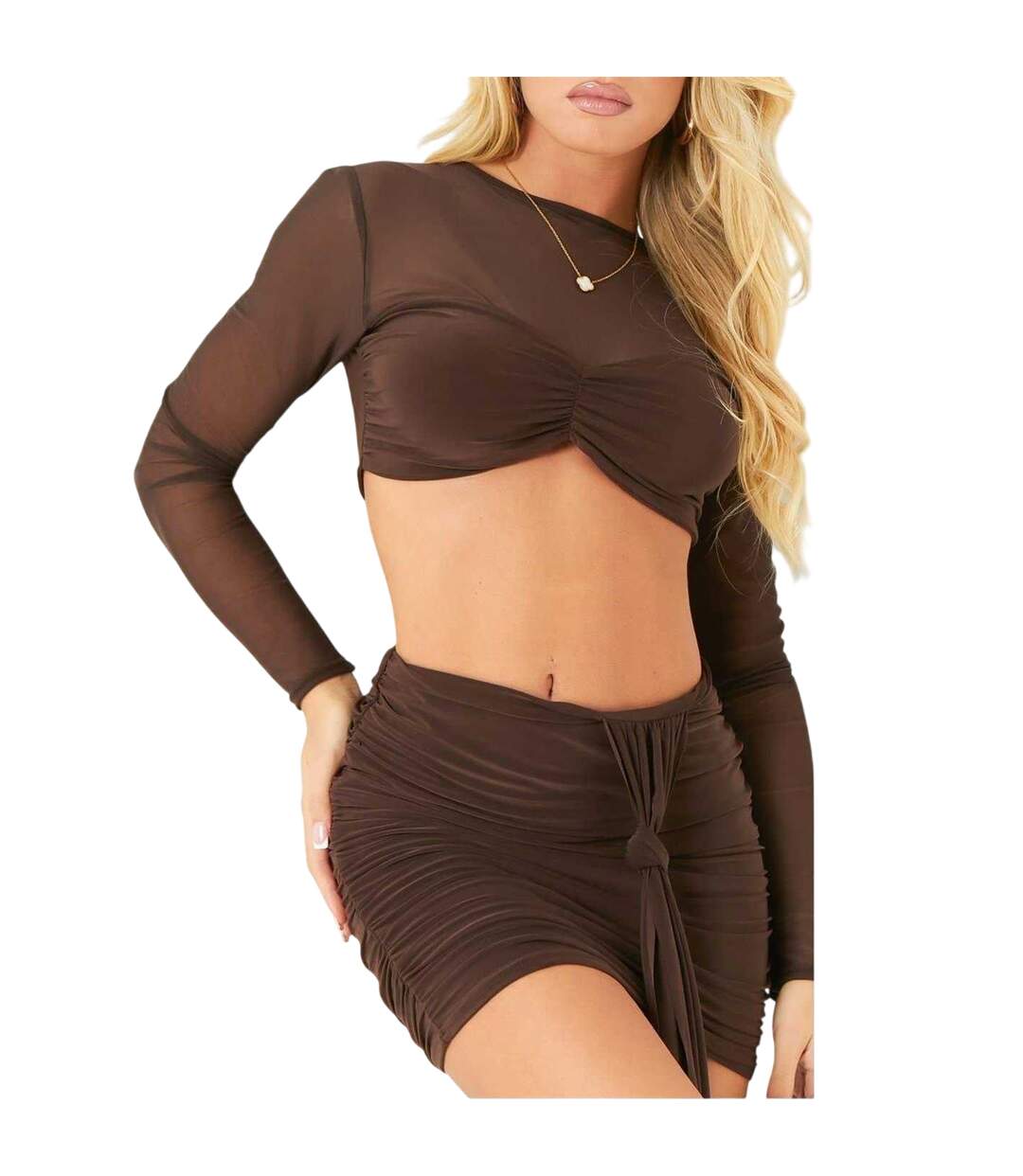 Womens/ladies Mesh Top & Skirt Set Chocolate Missy Empire-3