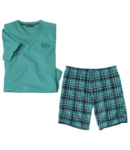 Men's Checked Pyjama Short Set - Turquoise 