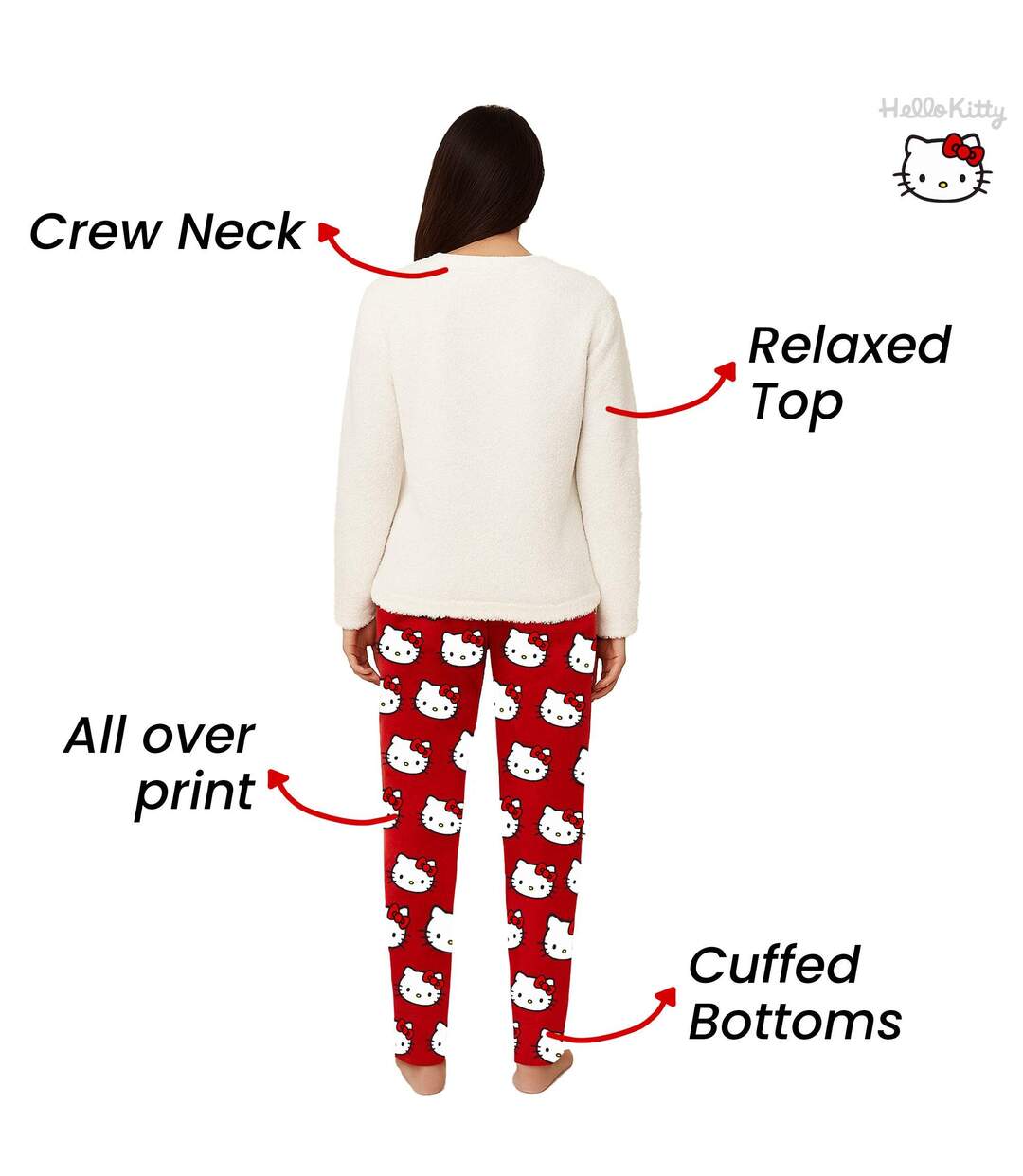 Ensemble De Pyjama Long Femme Blanc Rouge Hello Kitty-3