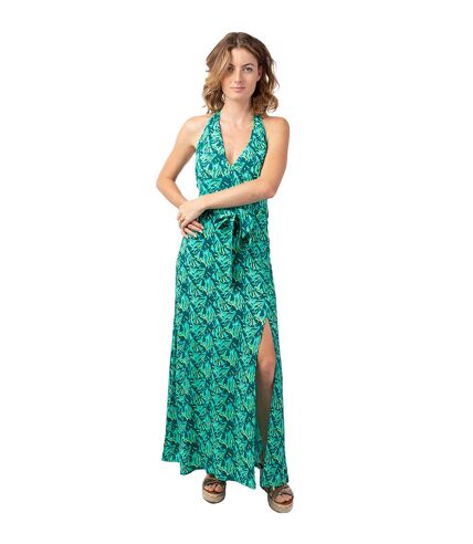 Robe longue femme été dos nu SORAYA imprimé tropical vert Coton Du Monde