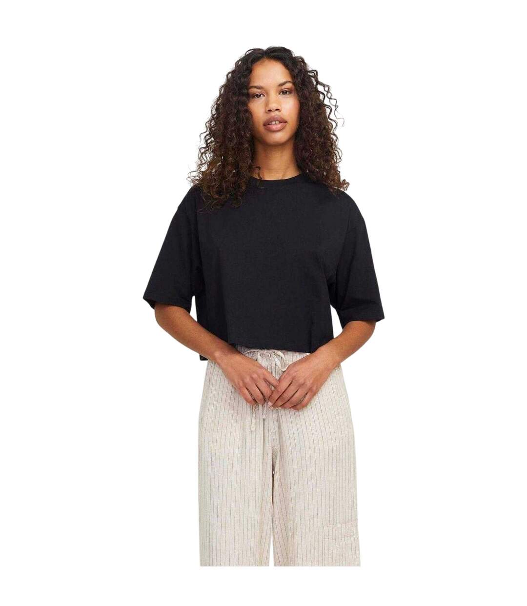 Womens/ladies Plain Round Neck Loose Fit Crop Top Black JJXX-4