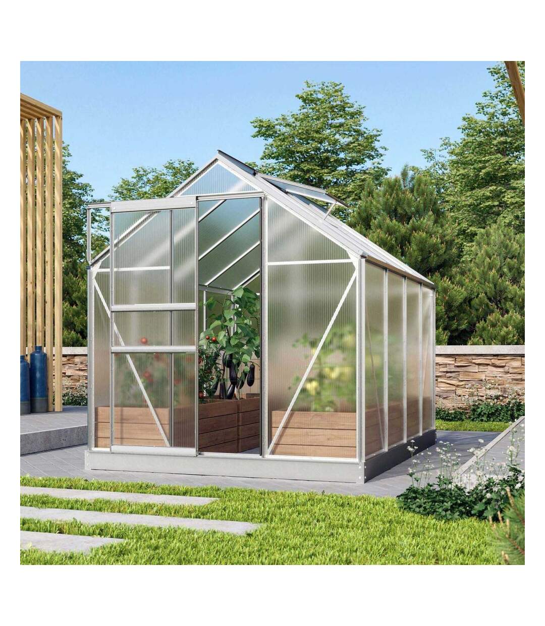 Serre de jardin en polycarbonate 6 mm et aluminium anodisé avec embase Venus Longueur de 257 cm