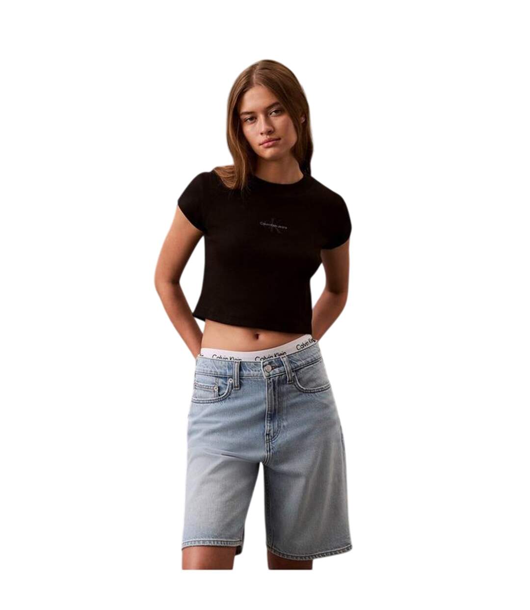 Womens/ladies Mono Logo Ribbed Crop Top Black Calvin Klein-1
