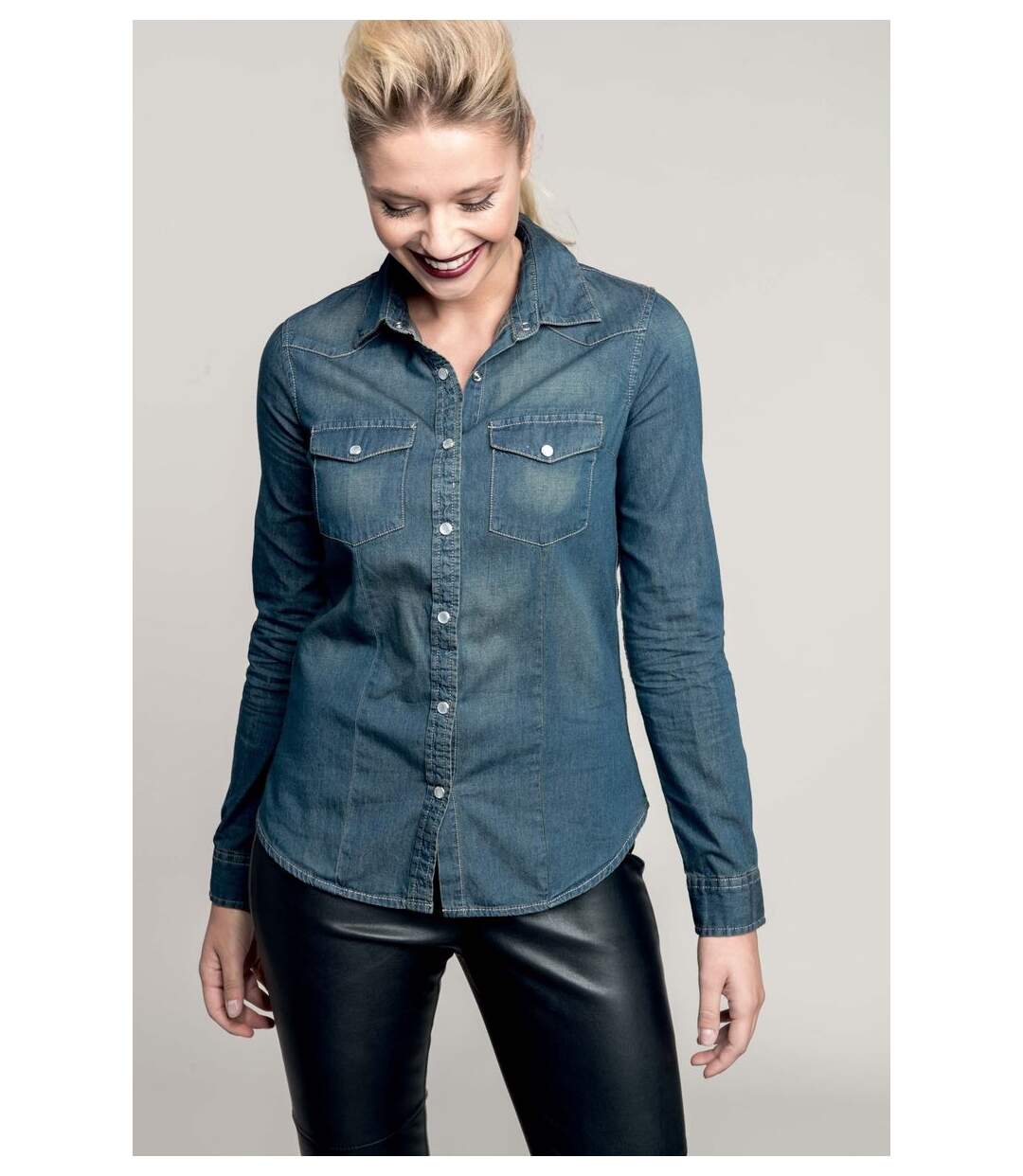 Chemise denim manches longues - K518 - bleu - femme-3