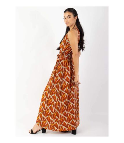 Robe longue col licou FRIDA imprimé ethnique orange Coton Du Monde