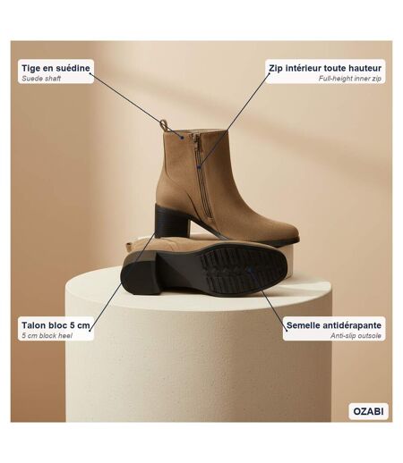 OZABI Bottines Femme Suédine Zippée Talon Bloc 5 cm Bout Arrondi