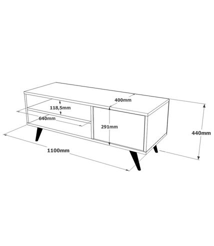 Meuble TV avec 2 niches de rangement ouvertes et une porte abattante en panneaux de particule