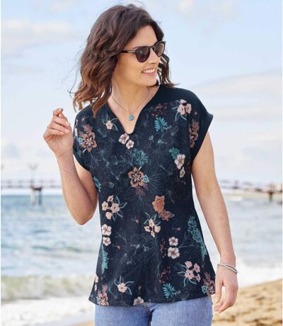 Women's Navy Floral Print T-Shirt
