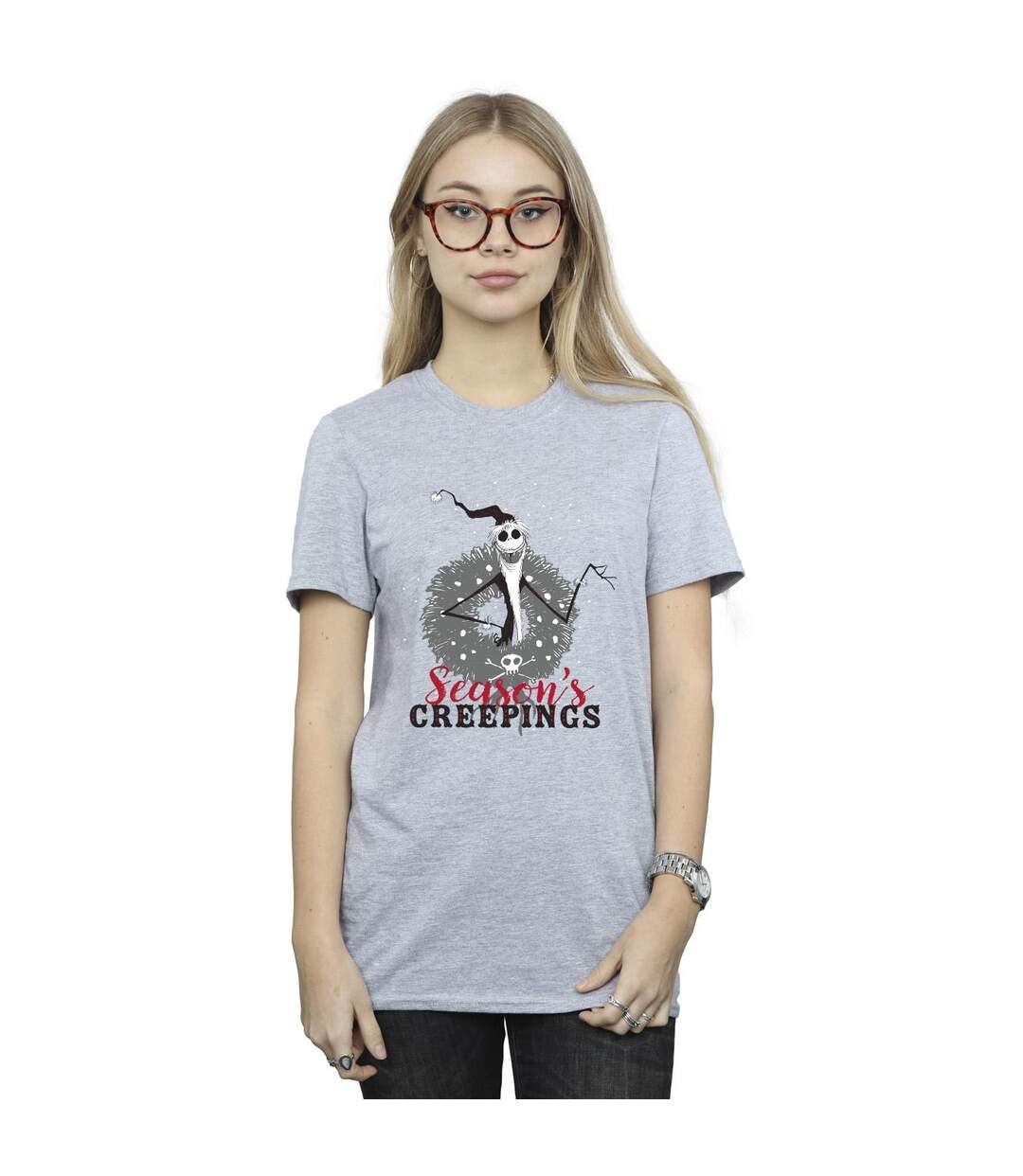 Disney Womens/Ladies The Nightmare Before Christmas Seasons Creepings Wreath Cotton Boyfriend T-Shirt (Gris sportif) - UTBI41796-2