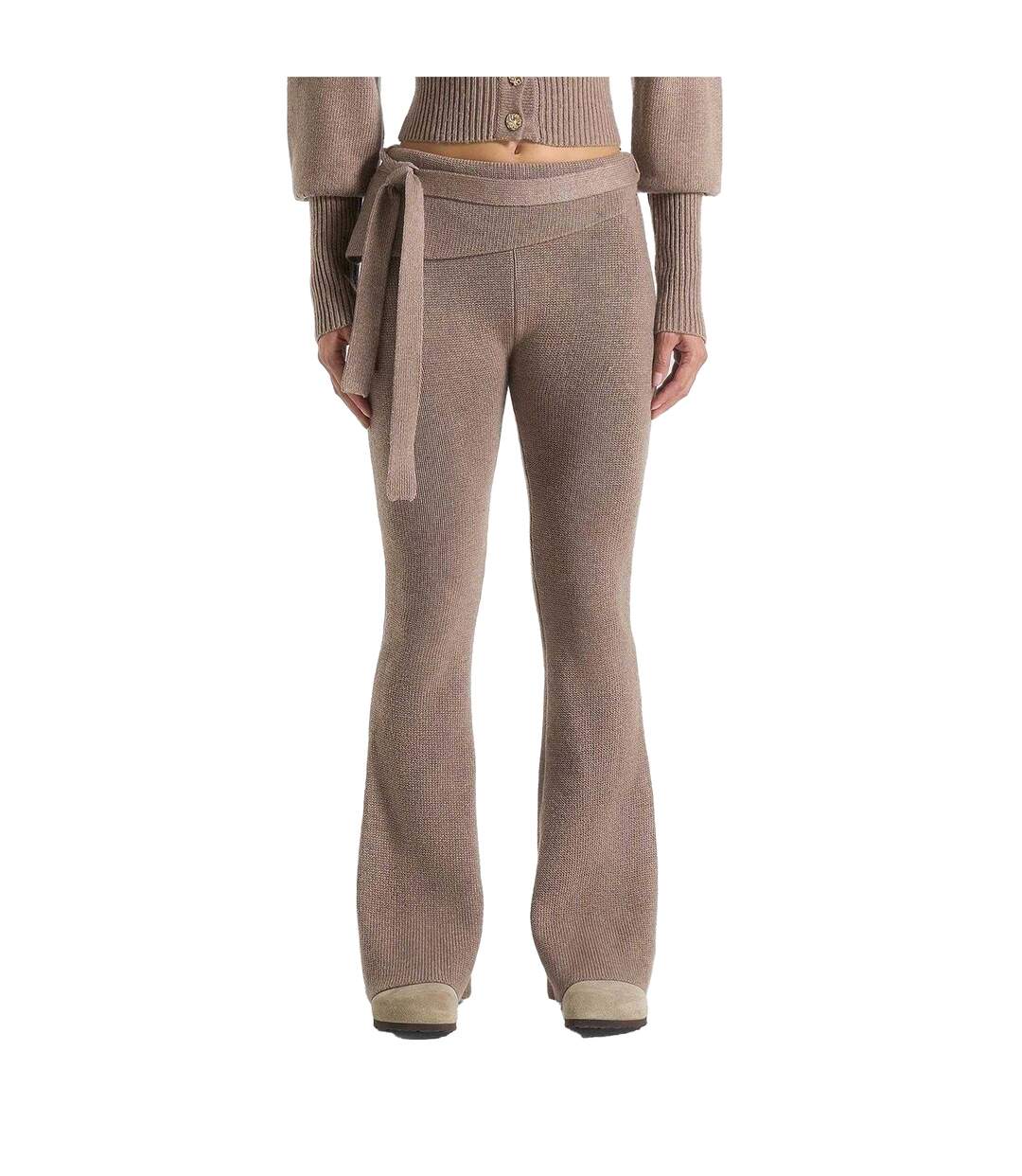 Womens/ladies Knitted Tie Belt Fitted And Flared Leggings Beige Maniere De Voir-2