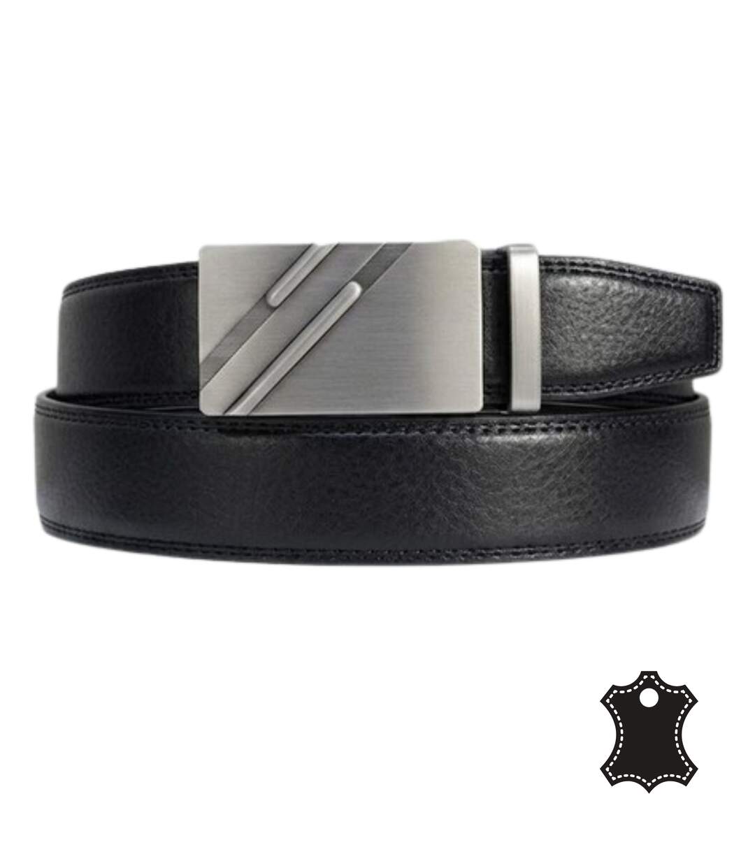 Ceinture homme en cuir vachette noir 3,5 cm avec boucle automatique réglable - Doublée - Finition surpiqûre-1