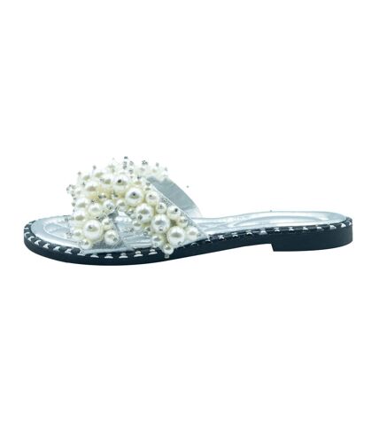 Womens/ladies eve pearl flat heel sliders silver Where´s That From