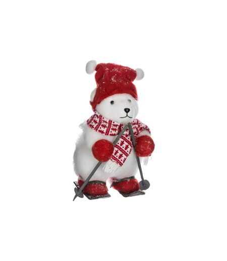 Ours avec Bonnet & Skis Étoile 40cm Blanc & Rouge