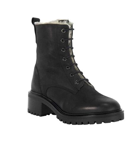 Womens/ladies Leather Block Heel Combat Boots Black Dune London