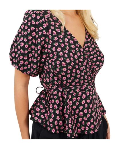 Womens/ladies V Neck Puff Sleeve Wrap Top Black Pink Brave Soul