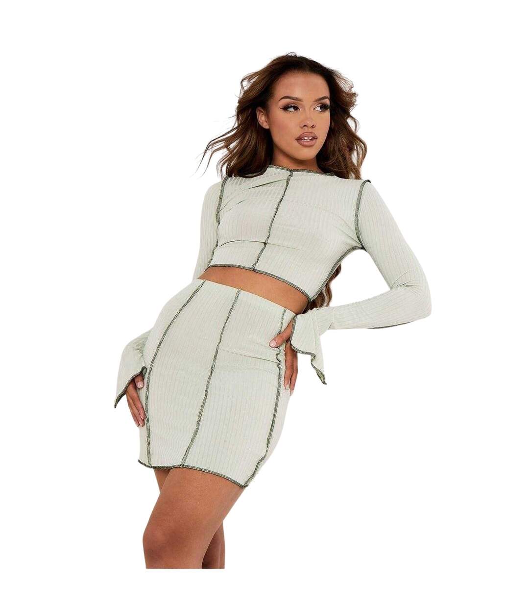 Haut Court Manches Fendues Motif/style Contrasté Femme Vert De Gris Clair Missy Empire-1