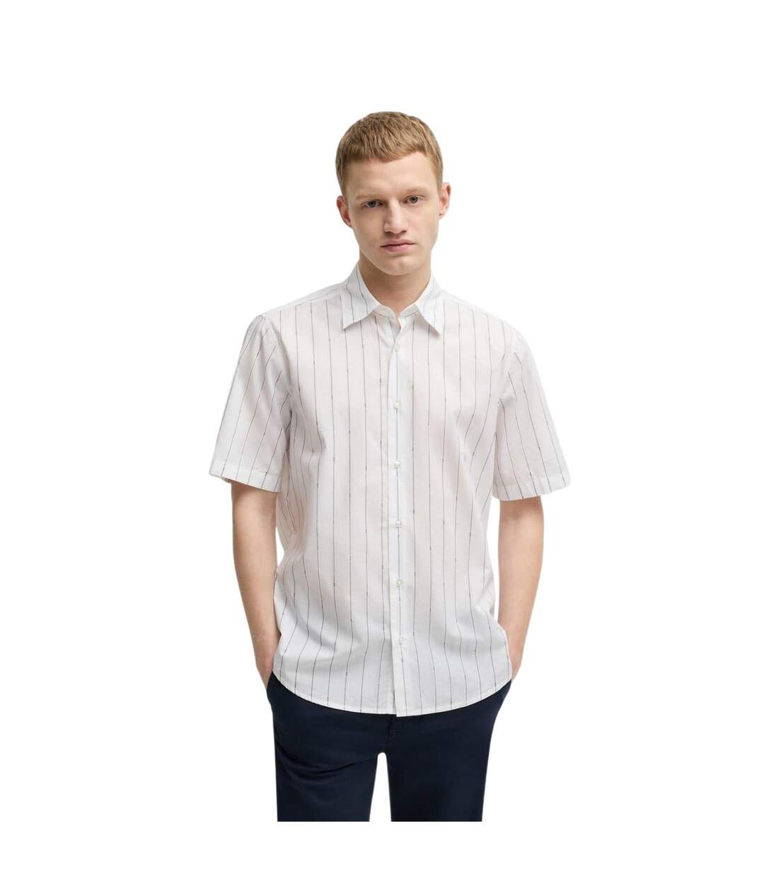 Chemise Manches Courtes Motif/style Fines Rayures Homme Blanc Boss-1