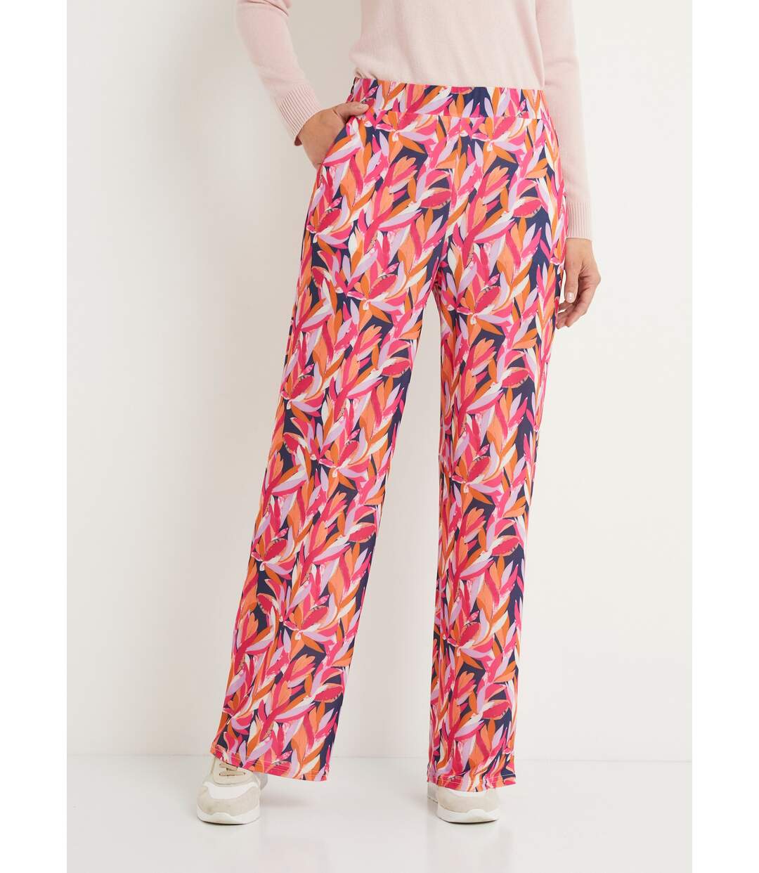Pantalon large taille élastiquée feuillage-1