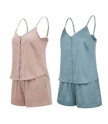 OZABI Pack 2 Pyjamas Courts Femme, Débardeur Satiné et Short 2 Poches