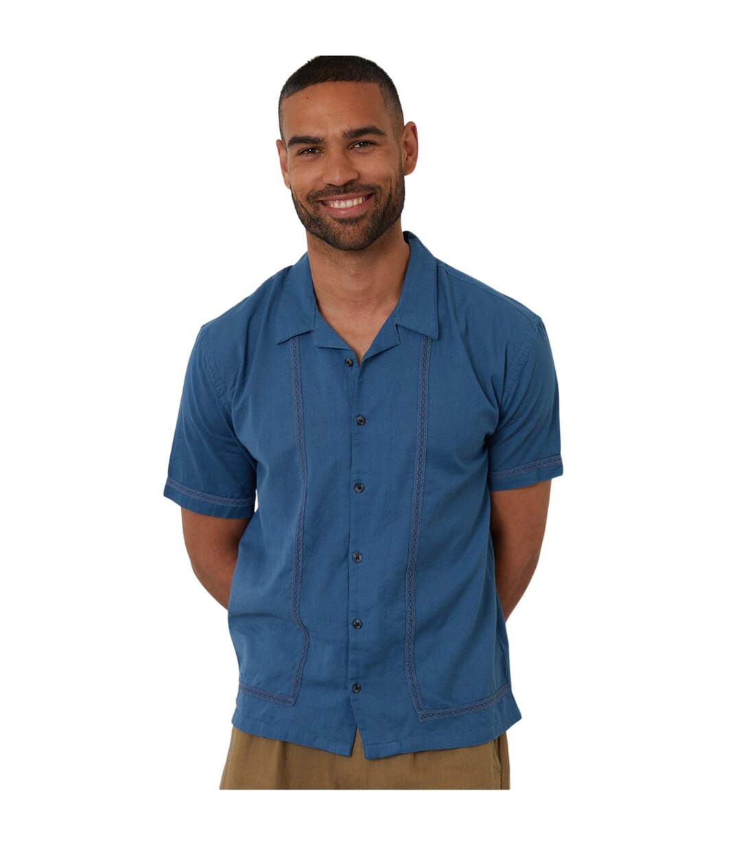Mens Embroidered Collared Short-sleeved Bowling Shirt Denim Threadbare-2