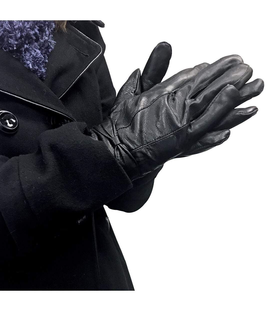 Ladies Fleece Lined Warm Leather Gloves with Bow-3