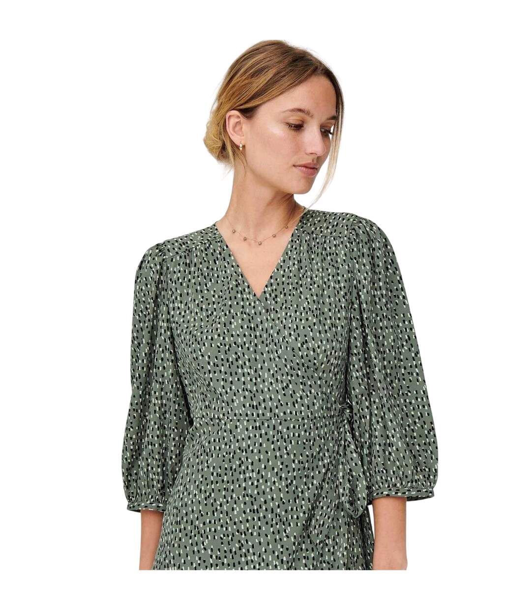 Robe Portefeuille Manches Bouffantes Motif/style Abstrait Olivia Femme Vert De Gris Only-3