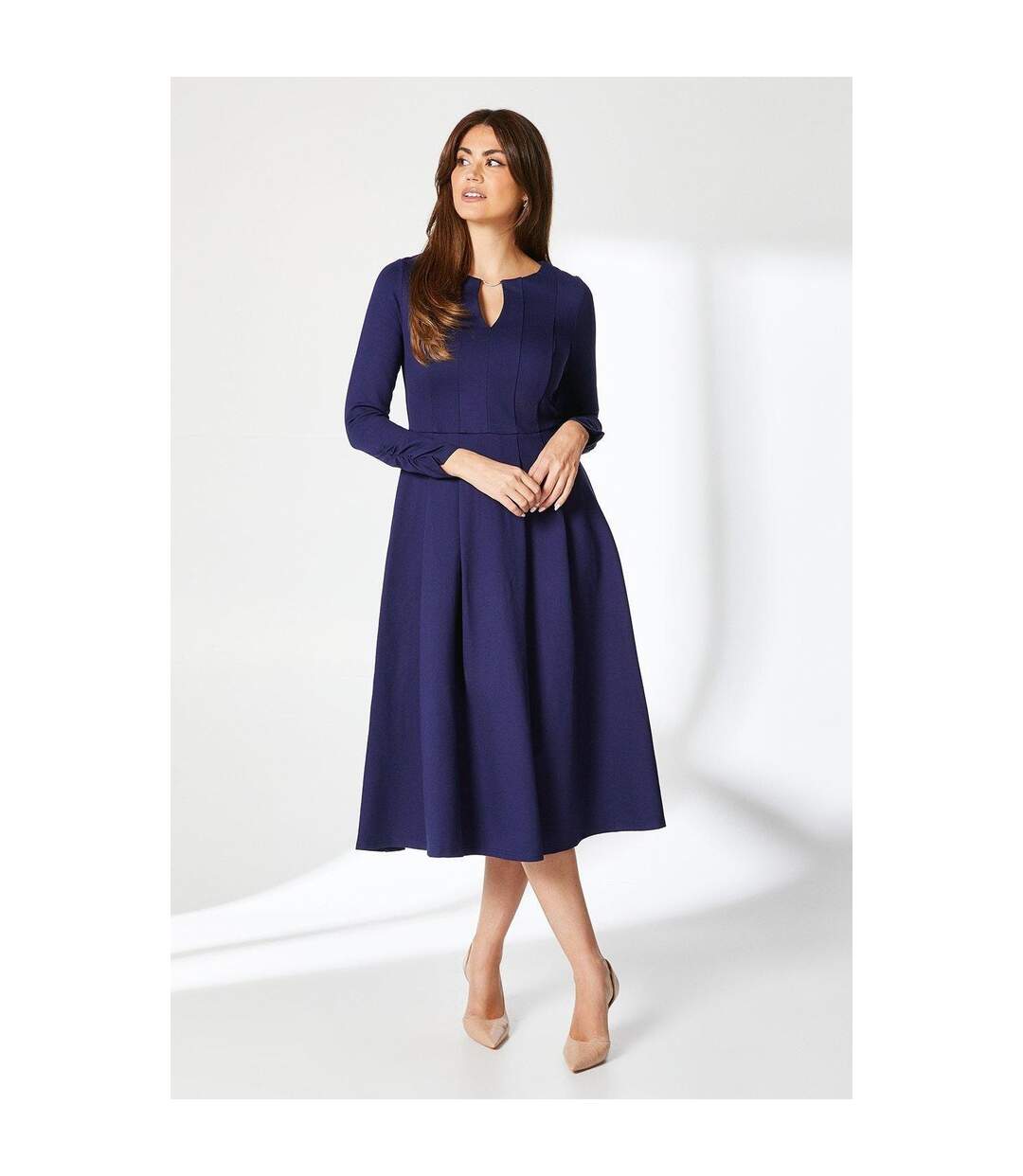 Womens/ladies ponte pleat waist midi dress navy Principles