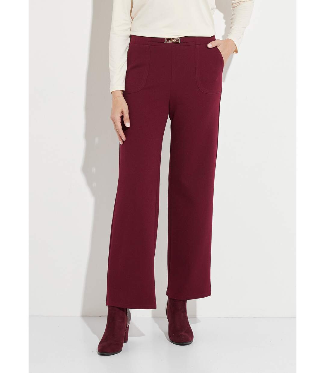 Pantalon droit taille élastiquée ceinture bijou-1