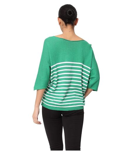 Pull femme rayé - Pull col en V - Manches 3/4 - Couleur Vert