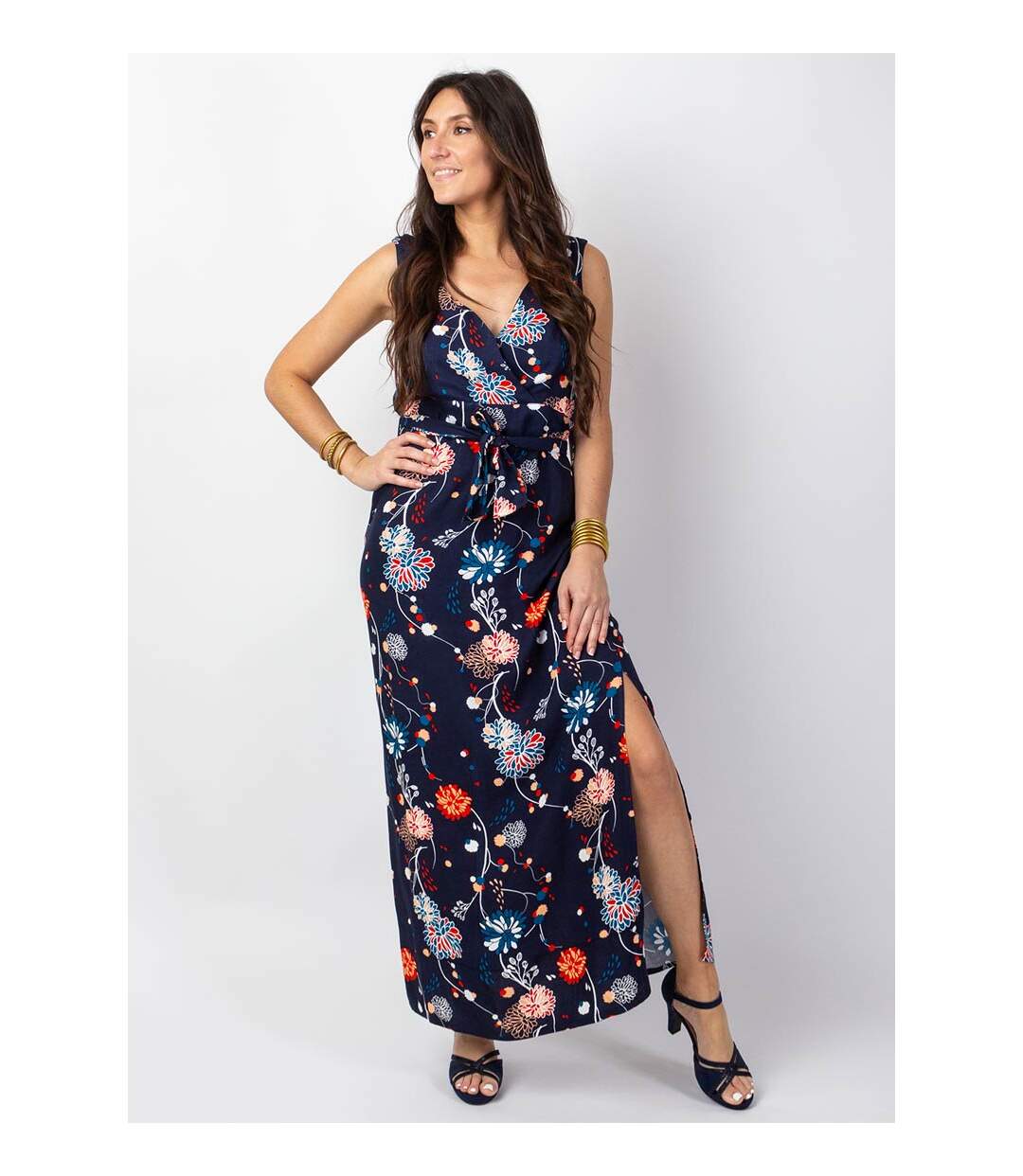 Robe longue fendue chic MELINDA cache-cœur imprimé floral bleu Coton Du Monde