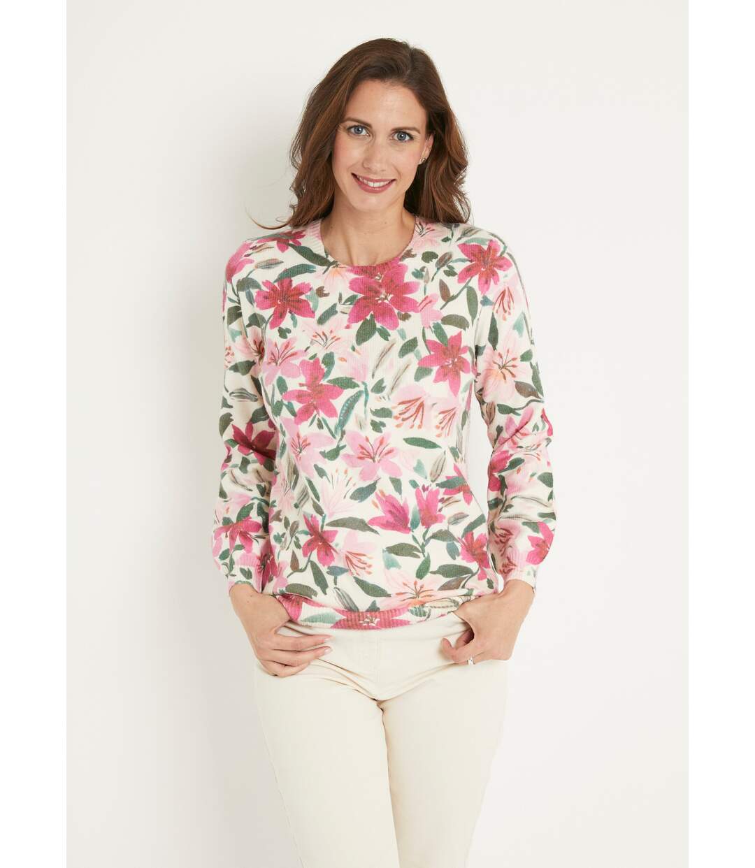 Pull doux imprimé fleurs col rond-1
