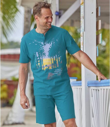 Men's Blue Pajama Short Set - Sunset Print